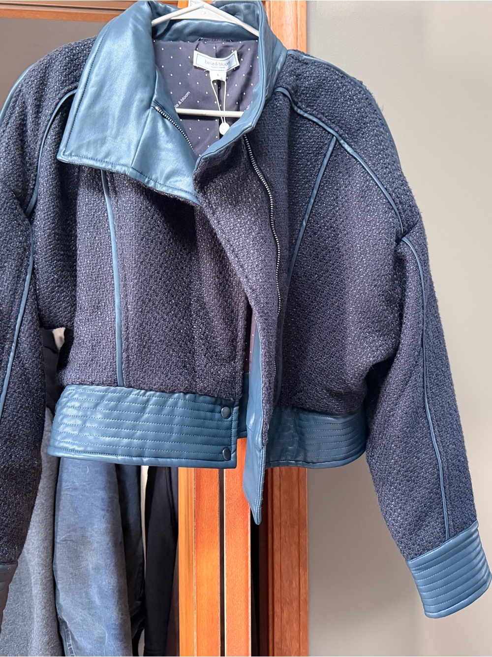 Belle & Bloom Navy Mixed-Texture Bomber Jacket